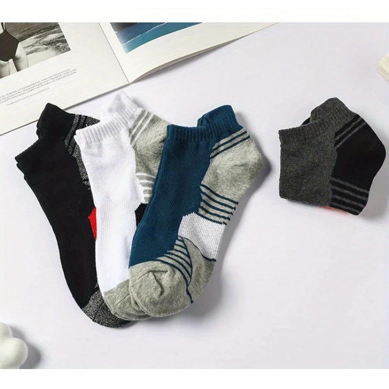 (image for) 5 Pairs Men's Cotton Breathable Athletic Short Socks, Men's Low Cut Sweat-Wicking Ankle Socks, High Quality Casual Soft Summer Sports Socks