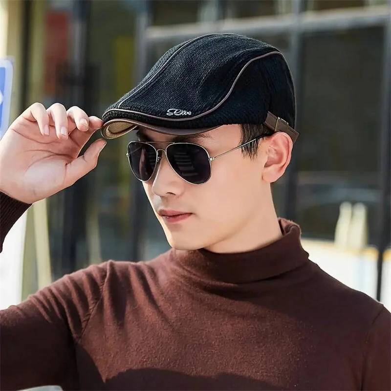 (image for) Collrown Knitted Berets Patchwork Leather Brim Men Flat Cap Retro Visor Hat Autumn Winter Warmer Casual Crochet Hat Forward Cap